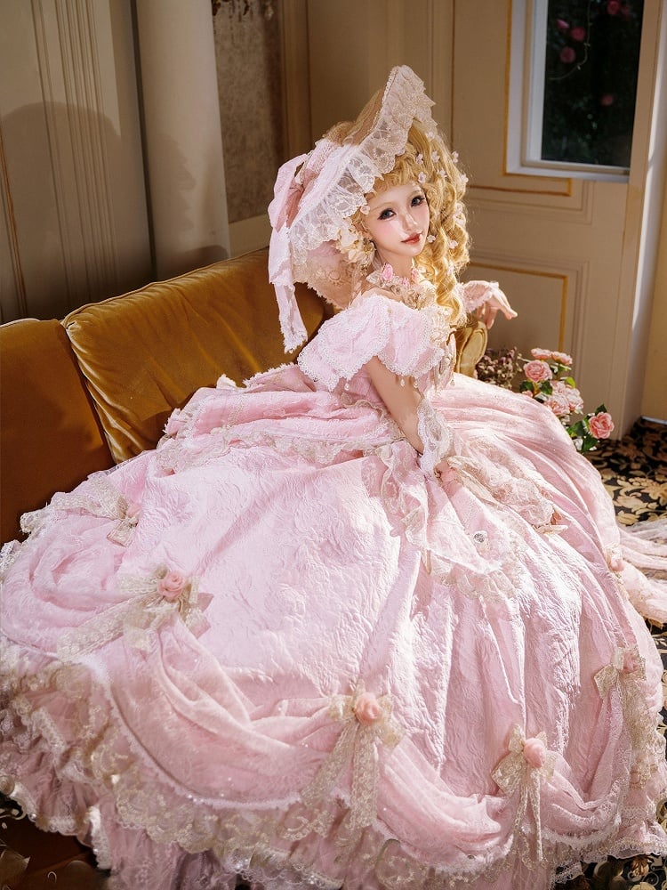 Pink Off-Shoulder Lolita Lace Gown with Ruffles and Bows - Hinana Queena