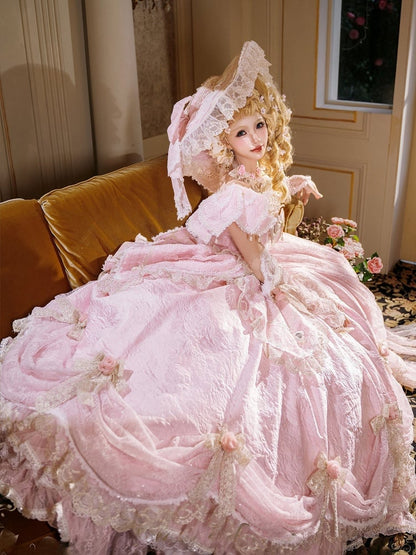 Pink Off-Shoulder Lolita Lace Gown with Ruffles and Bows - Hinana Queena