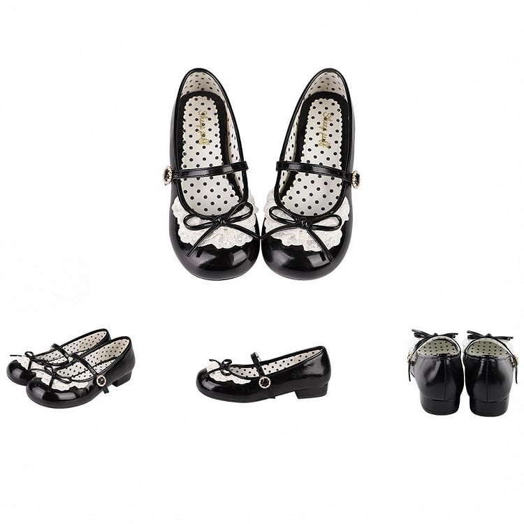 2.2CM/4.3CM Bow Janes Toe Mary Trim Knotted Round Lace Heels Black Accent
