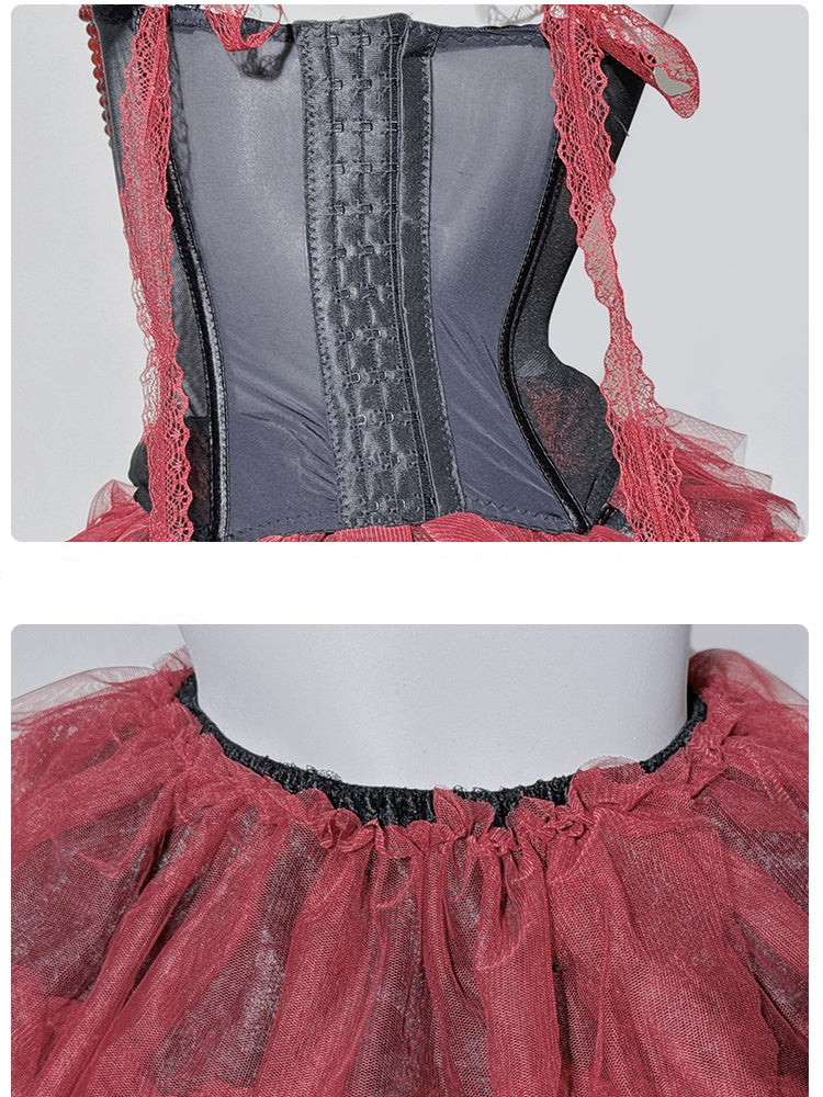 Gothic Red&Black Lace Trim Rosette Beaded Chain Corset Cami Top