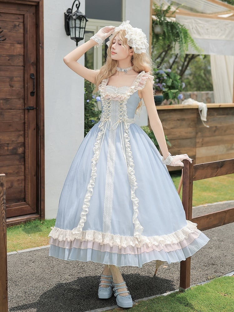 Blue Long Version Flounce Hem Lolita JSK Dress + Choker + Hairband Set - With PUJI