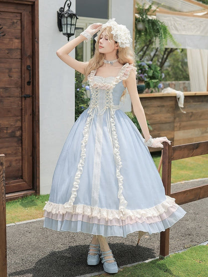 Blue Long Version Flounce Hem Lolita JSK Dress + Choker + Hairband Set - With PUJI