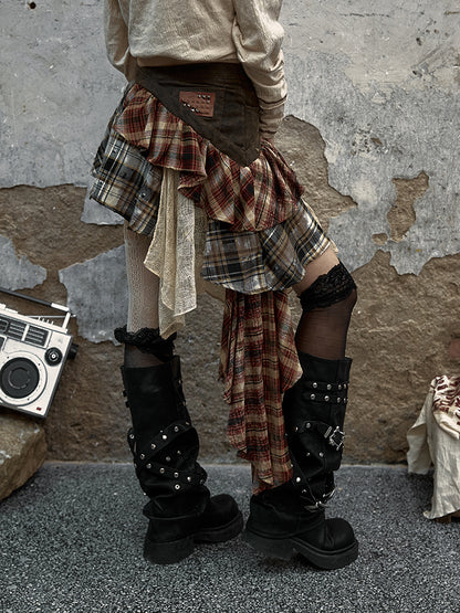 Patchwork Skirt Green with Studded Punk Belt Plaid Military Denim
