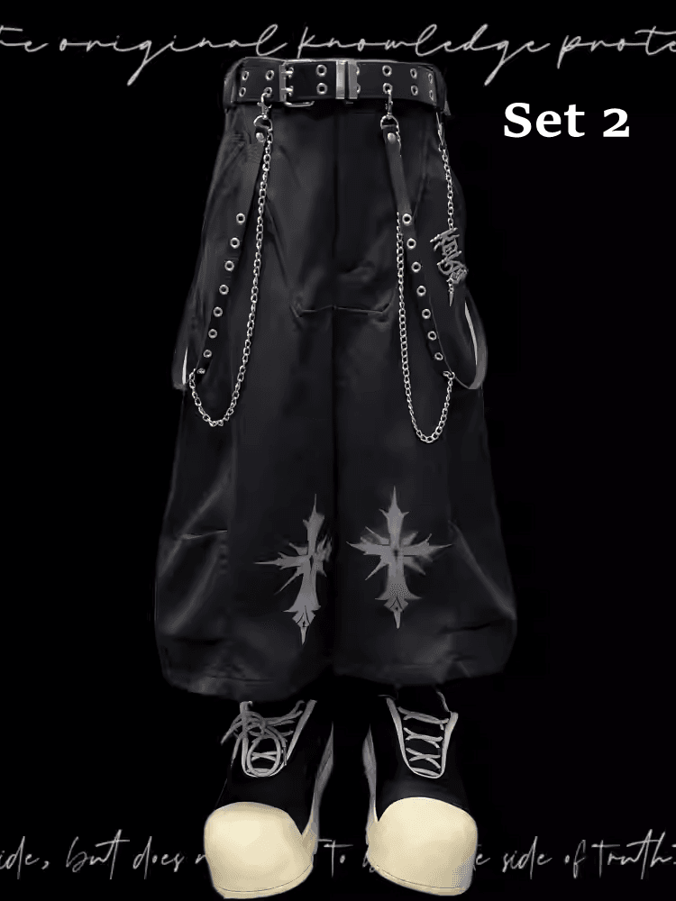 ロックY2Kワイドレッグパンツフリーチャームブラッククロスプリントパンク