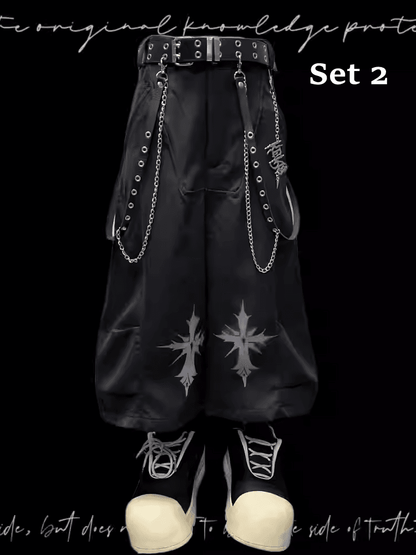 ロックY2Kワイドレッグパンツフリーチャームブラッククロスプリントパンク