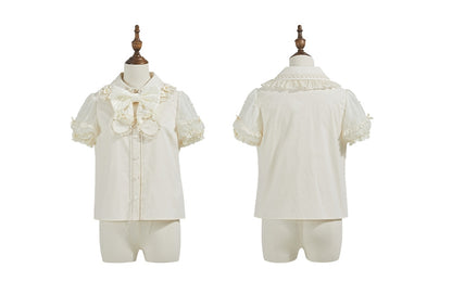 ベージュの取り外し可能な蝶結びネックラインビーズショートパフスリーブブラウス