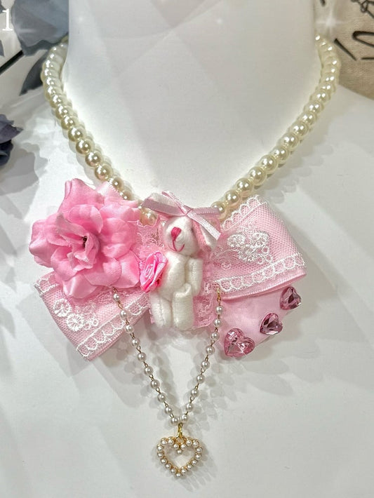 Rhinestone Necklace Plush Bunny 2 And Pendant Heart Bowknot Decorated Beaded Options