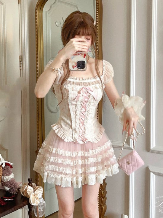 Pink Ruffled With Puff Floral Hem Top Two-Piece Corset Sleeves Faux Peplum