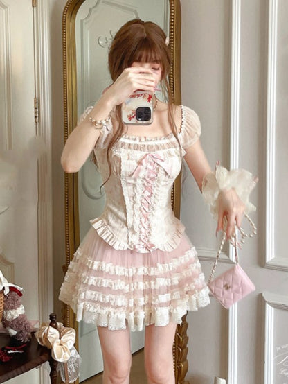 Pink Ruffled With Puff Floral Hem Top Two-Piece Corset Sleeves Faux Peplum