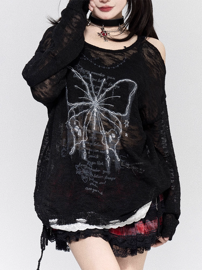 Coverup Semi-sheer Butterfly Print Cutout Shoulder White/Black/Apricot