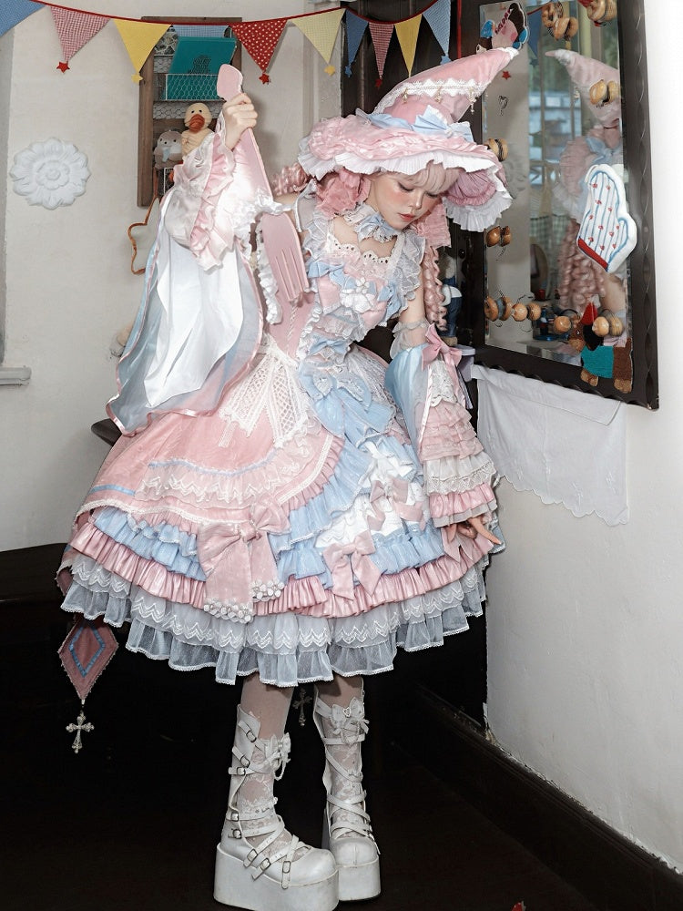Witch-Themed Lolita JSK Full Ensemble in Pink and Blue with Bow Train, Cape, Detachable Sleeves, Hat and Outer Sleeves - Felinae Cookie