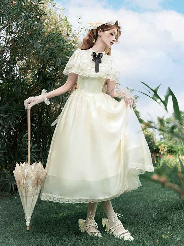 Kleid Beige Elegant One Edward Illusion Lolita Stück Quadratischer Ausschnitt Taillenausschnitt Basken