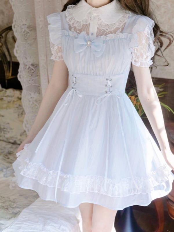 Kragen Schnürung Taille Pan Jirai Kei Kleid Hellblau Illusion Ausschnitt Peter