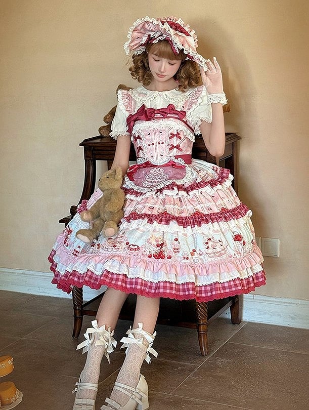 Pink Cherry Cake Print Sweet Lolita Dress with Layered Ruffles - Strawberry Fantasy