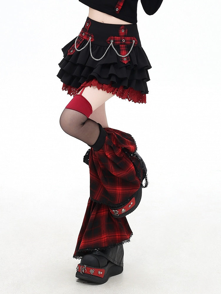 Trim Appliques Plaid Cross Lace Skirt Decorated Tiered Pink/Red Chains