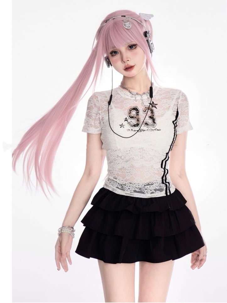 レースTシャツ ラウンドネック ナンバープリント セミシアー ブラック/ホワイト