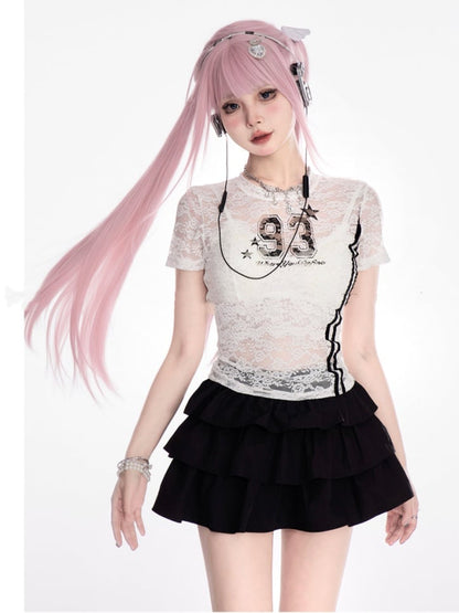 レースTシャツ ラウンドネック ナンバープリント セミシアー ブラック/ホワイト