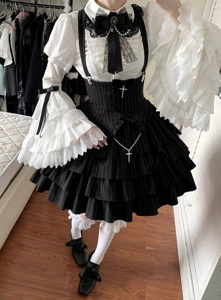 Cross Short White + Sleeves Striped Gothic-Style with Blouse High Skirt Lolita Waist Accents Black