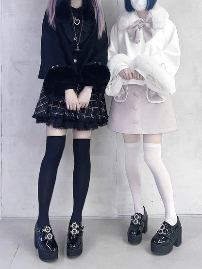 Buttons Rhinestone in Jirai Short with Coat Kei Accents Beige/Black Convertible Plush Fleece-Lined Detachable Heart