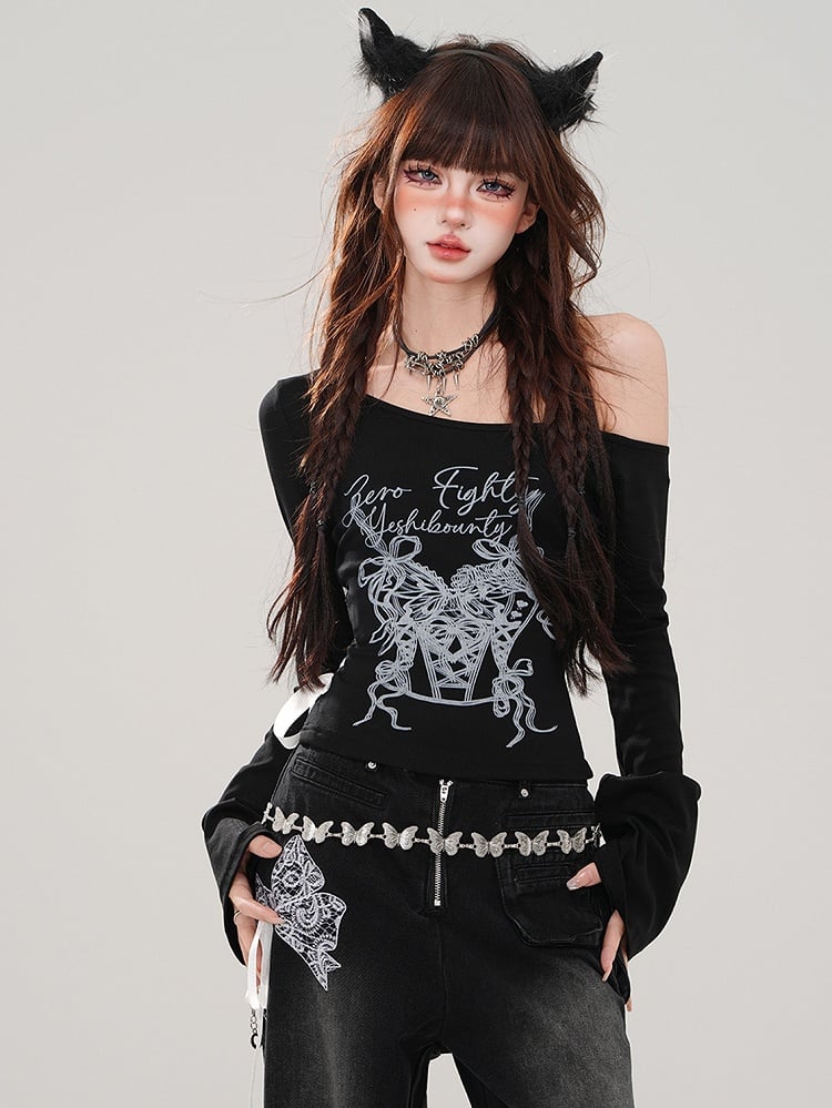 Black Asymmetrical Neckline Graphic Top Lace-up Detail at Waist