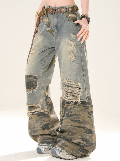 Blue Camo Holes Cut Bittersweet Glamorous Jeans Pattern Wide-leg Distressed