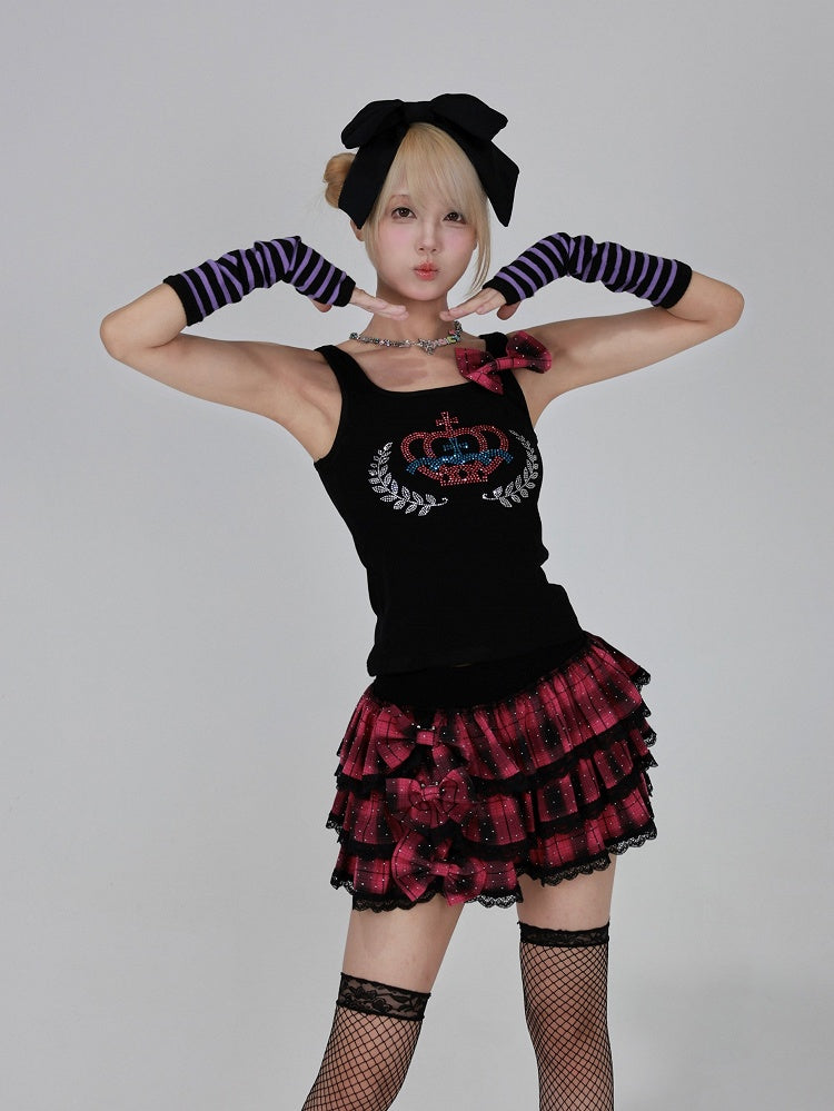 Red Plaid Tiered Skirt with Black Lace Trim and Detachable Bow Accents