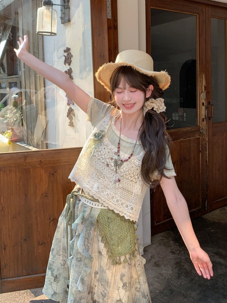 ライトネック レース ホルターネック 森系 グリーントリム Tシャツ ラウンドネック