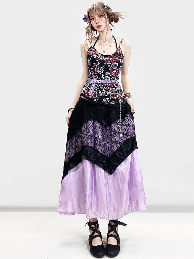 + 花柄トップ、ホルターネック、アンダースカート、キャミスカート、レースセット、ドレス、ホリデーネック、ブラック、パープル、ビタースイート