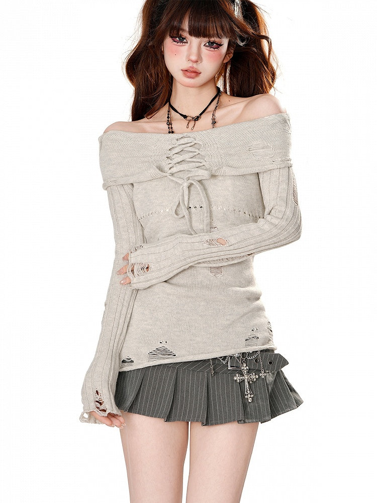 Light Grey/Dark Grey Lace-up Detail Distressed Off-Shoulder Knit Top