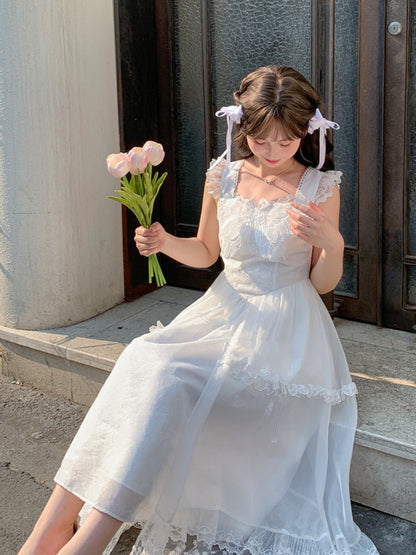 Mesh Overlay Detail with Sweet Dress White Flutter Sleeves Butterfly Neckline