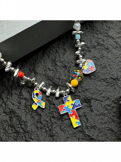 Silver Y2K Cross Pendant Colorful Necklace - YSHXS