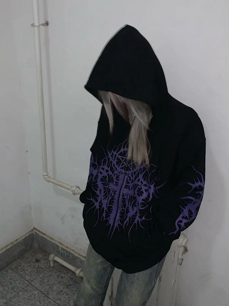 Gothic with Cross Hoodie Black Zip-Up Print Purple