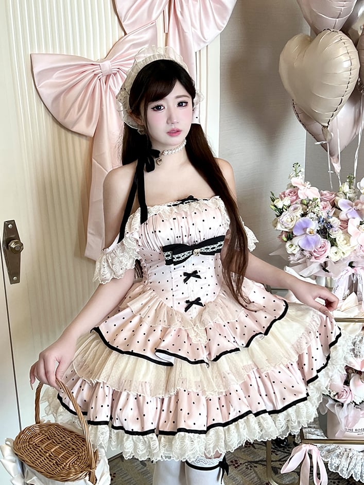 Polka Skirt Tiered Black Pink Waist Basque Sweet Dots Dress