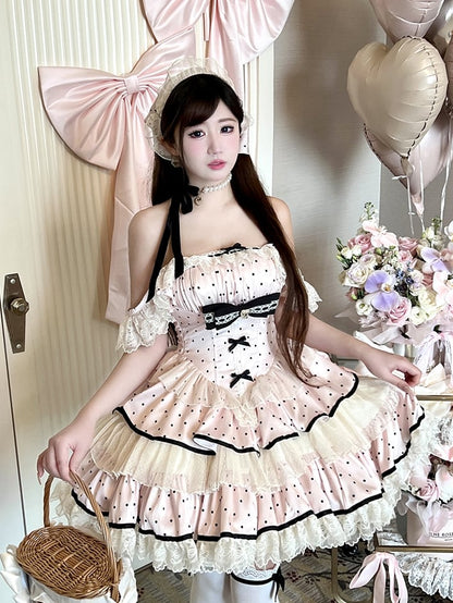 Polka Skirt Tiered Black Pink Waist Basque Sweet Dots Dress