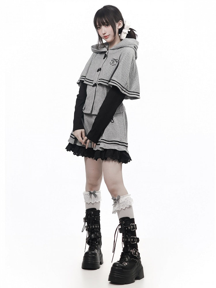 Vintage Kawaii Grey Hooded Cape Long Sleeve Top with Embroidery Accents - PINK SAVIOR