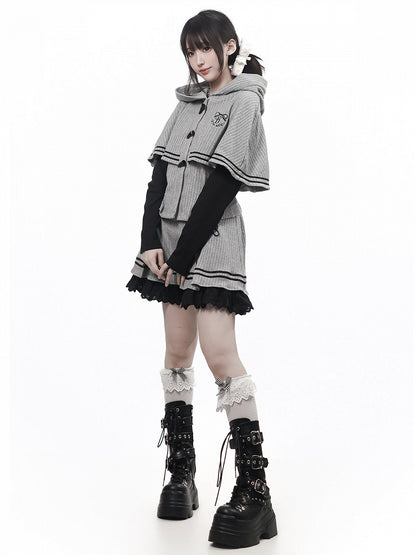 Vintage Kawaii Grey Hooded Cape Long Sleeve Top with Embroidery Accents - PINK SAVIOR