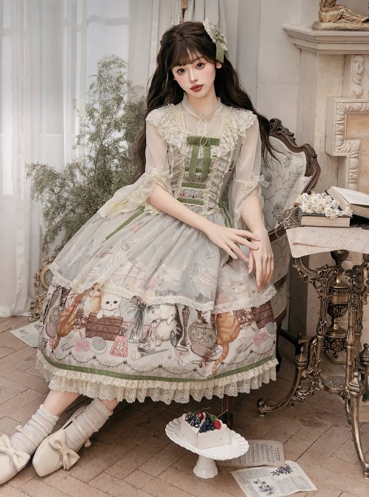 Green Cat Print Lace Ruffles Sweet Lolita JSK Dress with Drawstring Overlay - NyaNya