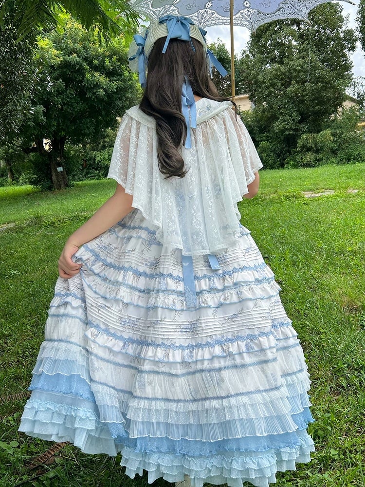 Ruffles White Floral Version Short Blue Lolita Classic Print Elegant Layered Dress