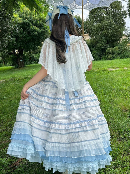 Ruffles White Floral Version Short Blue Lolita Classic Print Elegant Layered Dress