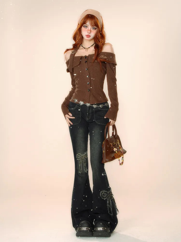 Jeans mit Schnürung und Schleife, schwarz, hinten ausgestellt