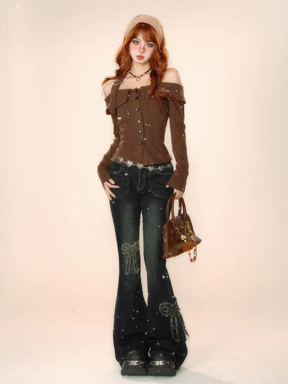 Jeans mit Schnürung und Schleife, schwarz, hinten ausgestellt