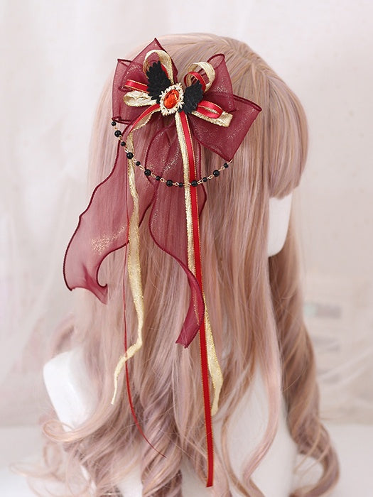 Side Red Chain / Gothic Black Bowknot Bead Lace With Lolita Hairclips Decoration