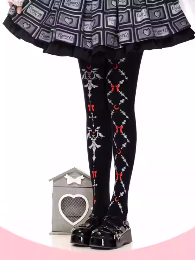 ブラックゴシックロリータレッドリボンプリントタイツ