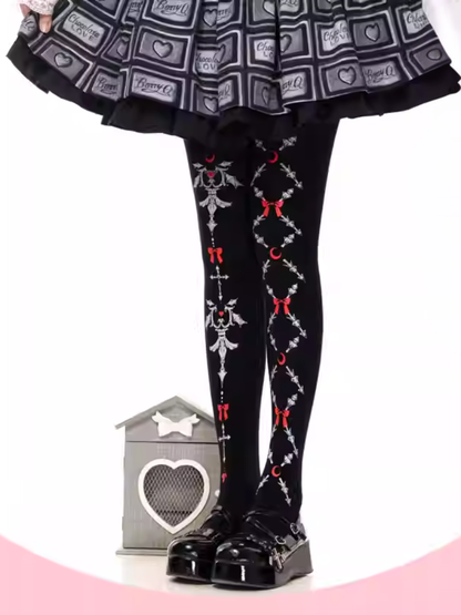 ブラックゴシックロリータレッドリボンプリントタイツ