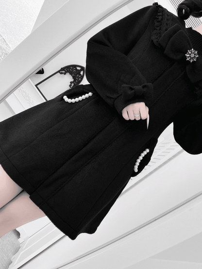 Jirai Kei Black Wool Blend Coat with Lace Sailor Collar and Beaded Chain Accented Pockets