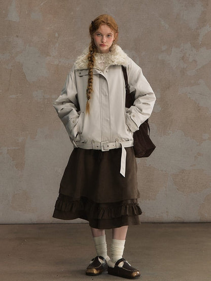 Short Brown/White Jacket Faux Fur Belt Buckle with Collar