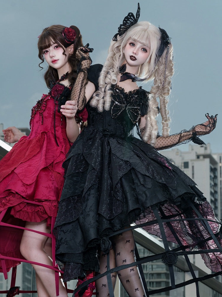 Butterfly Motif Puff Sleeve Lolita Top and Asymmetrical Hem Skirt Set in Black - Sweet Wood Lolita