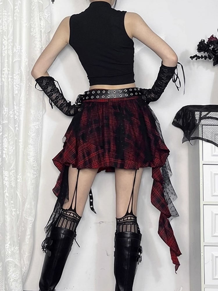 Dot Black Cascading Plaid Tulle Skirt with Punk Polka Ruffles Halloween Red