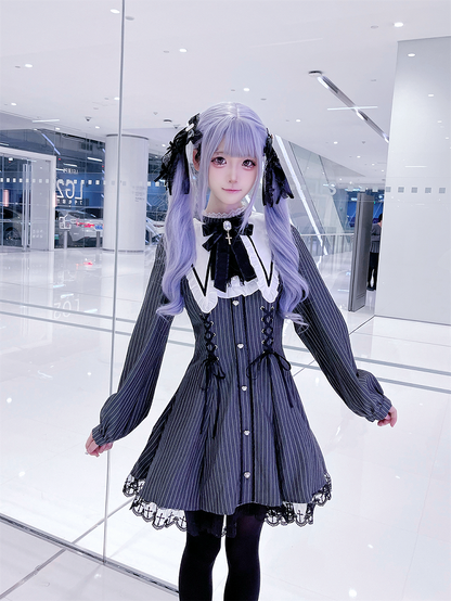 Vintage Black Striped Jirai Kei Dress with Pointed Flat Collar and Cross-Stitch Lace Trim