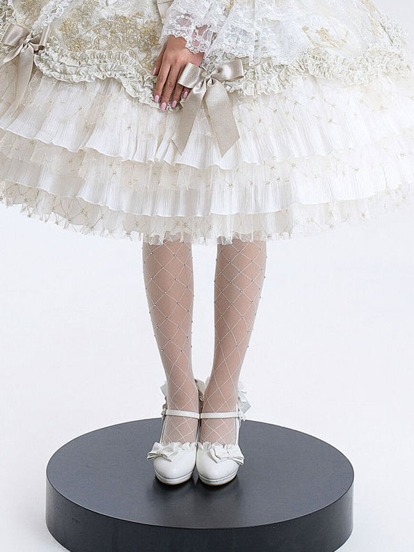 Ruffles Bow Elegant - White at Heel Shoes Top Trim High